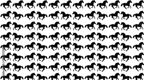 Seamless pattern of black horse silhouettes running, repeating equestrian background, minimalist animal texture for fabric, wallpaper, textile, fashion, branding, digital design, surface, print, decor