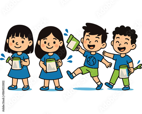 A diverse group of happy school friends and kids enjoy childhood fun playing with a ball and bubbles in this vibrant cartoon vector illustration