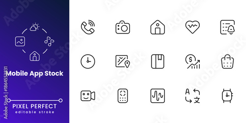 Mobile application icon pack featuring minimal UI elements, clean vector symbols for iOS and Android apps, web design, software interfaces, and branding.
