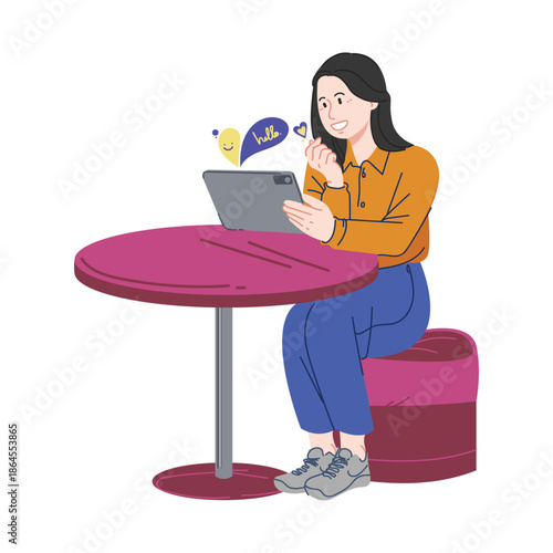 Illustration of a woman showing her happy expression because she can make a video call with her brother anywhere via her flexible tablet.