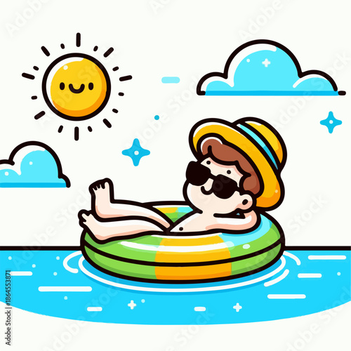 Cartoon illustration of a person relaxing in a pool with a float