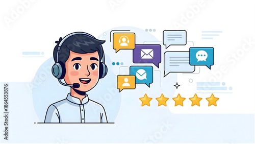 Customer service representative providing excellent support and receiving five-star feedback.
