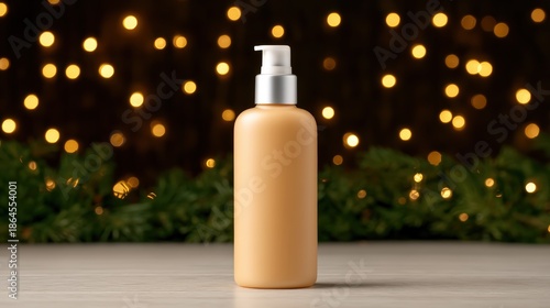 A sleek, amber lotion bottle stands against a backdrop of warm, glowing lights, creating a cozy and inviting atmosphere.