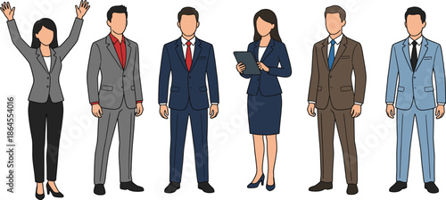 Professional business team illustration, diverse corporate men and women standing together, teamwork leadership concept, office staff characters, flat vector style isolated white background design