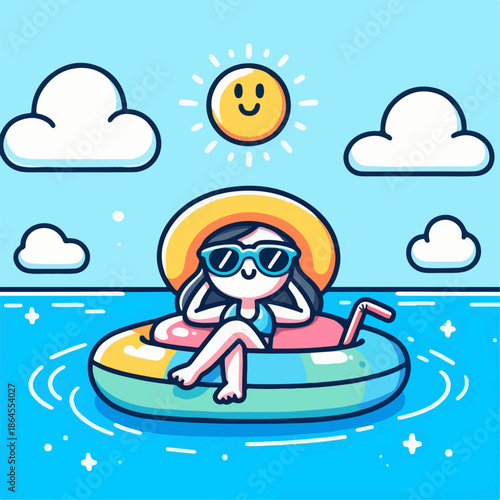 Cartoon illustration of a person relaxing in a pool with a float