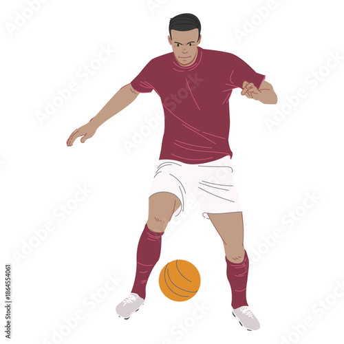 Illustration of a football player in a red jersey dribbling the ball.