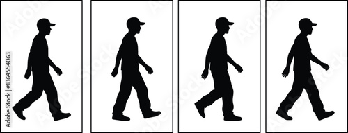 Walking, man, silhouette, sequence, human, movement, step, cycle, black, figure, isolated, white, background, motion, progression, walking, animation, frames, side, view, minimal, design, 