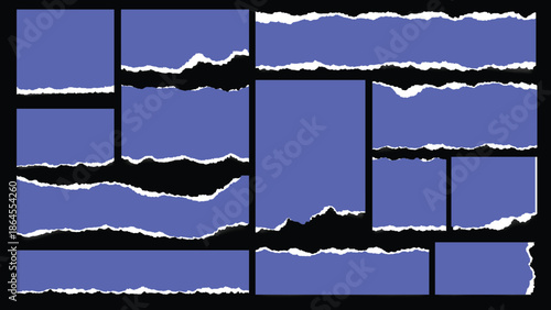 Set of Torn Blue Paper Scraps with Rough Edges on Black Background