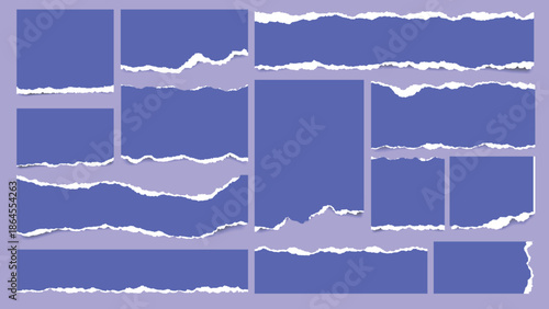 Set of Torn Blue Paper Scraps with Rough Edges on blue Background