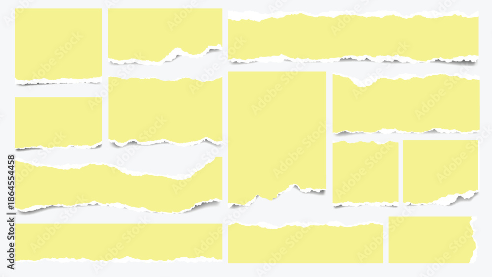 Fototapeta premium Set of Torn yellow Paper Scraps with Rough Edges on white Background