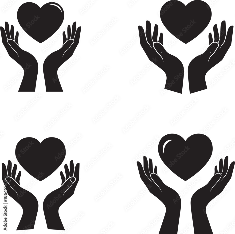 Fototapeta premium Four black silhouette hands holding hearts on white background