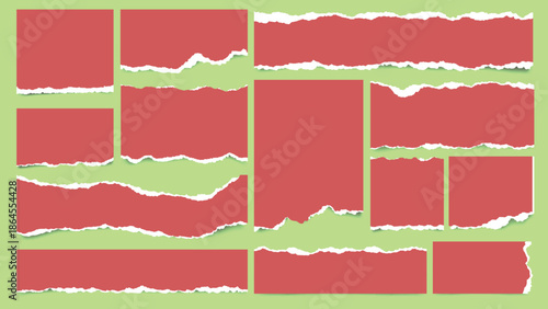 Set of Torn red Paper Scraps with Rough Edges on green Background