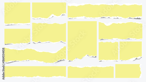 Set of Torn yellow Paper Scraps with Rough Edges on white Background