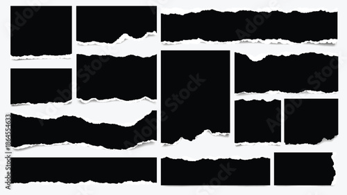 Set of Torn black Paper Scraps with Rough Edges on white Background