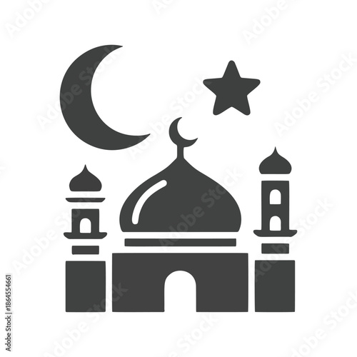 Mosque Silhouette with Crescent Moon and Star