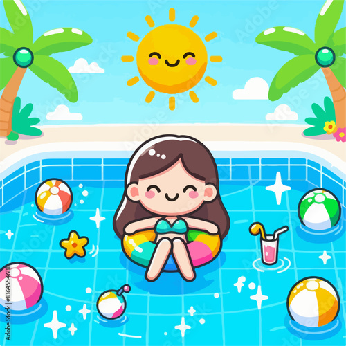 Cartoon illustration of a person relaxing in a pool with a float