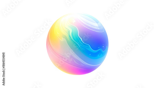 A vibrant, abstract sphere floats against a black background. Its surface blends pastel hues, reminiscent of a soap bubble with gentle reflections