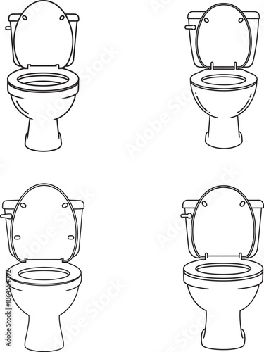 Four different toilet illustrations with varied seat and lid positions