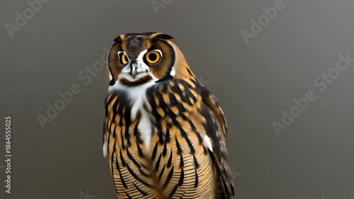 A Majestic Long-Eared Owl with Striking Eyes and Detailed Plumage Against a Neutral Background