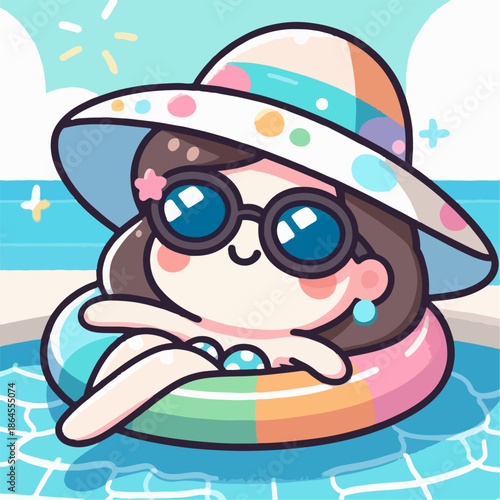 Cartoon illustration of a person relaxing in a pool with a float