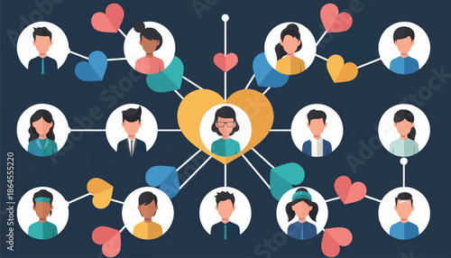 Friendship Network People Icons Connected with Hearts - Vector Illustration