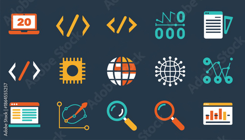 Programming and Coding Symbols Illustration - Flat Colorful Vector Icons