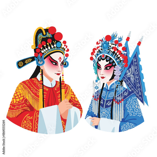 Chinese opera figures in iconic traditional costumes and theatrical makeup are showcased in a flat vector illustration style on a clean white background.