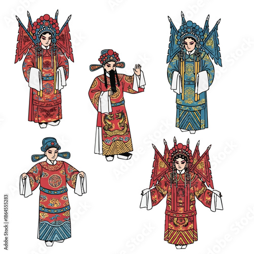 Detailed vector illustration of traditional Chinese opera characters wearing magnificent ornate cultural costumes and elaborate face makeup, isolated on a clean white background.