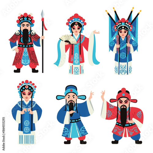Playful Chinese opera cartoon characters wearing colorful traditional attire are presented as a flat 2D vector set, isolated happily on a clean white background for cultural projects.