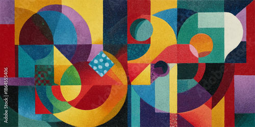 A vibrant and intricate abstract background featuring a colorful geometric pattern with various shapes and textures.