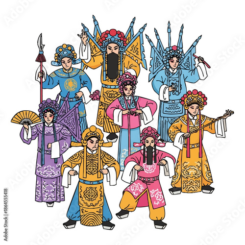 Vibrant 2D flat set of traditional Chinese opera characters in detailed historical costumes, presented as a colorful vector illustration isolated against a clean white background.