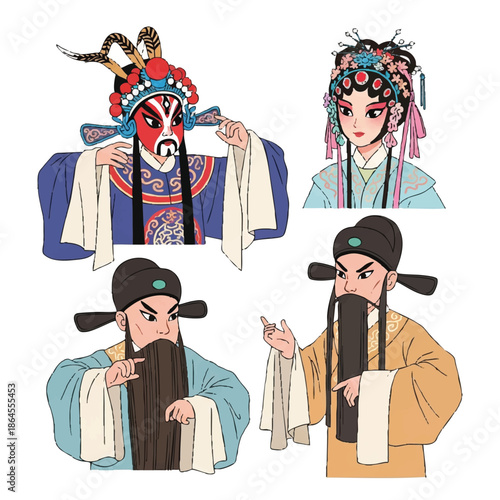 Set of stylized Chinese opera cartoon characters standing in traditional dramatic clothing, presented as a colorful 2D flat vector illustration isolated on a clean white background.