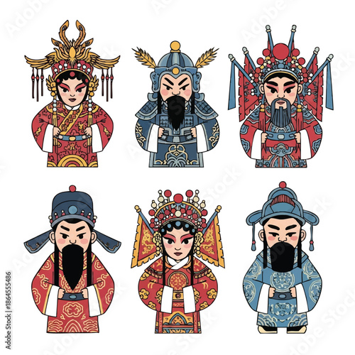 Flat 2D vector illustration of traditional Chinese opera cartoon figures featuring vibrant decorative robes and elaborate cultural headgear, isolated on a clean white background.
