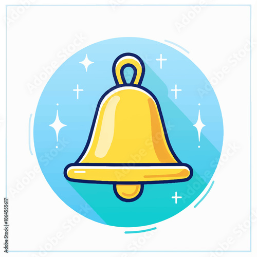 A golden bell with a glowing clapper, surrounded by sparkling stars on a vibrant blue background.