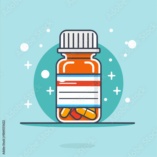 Orange and white pill bottle with pills on light blue background