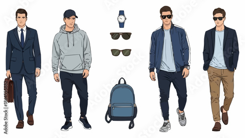 Diverse Mens Fashion Styles - Suits, Hoodies, Jackets, and Accessories.