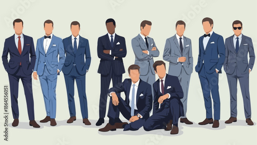 Diverse Group of Men in Stylish Suits Standing Together.