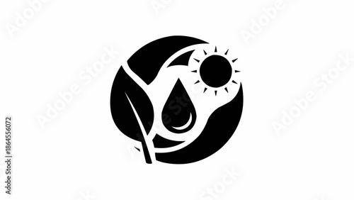 Ecology icon depicting plant, water drop, and sun in a circle.