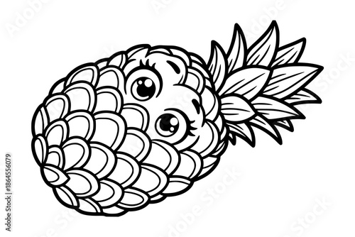 A cute cartoon pineapple with layered scale details, textured leaves, and expressive eyes. Kids coloring book with simple line art to support creativity, motor skills