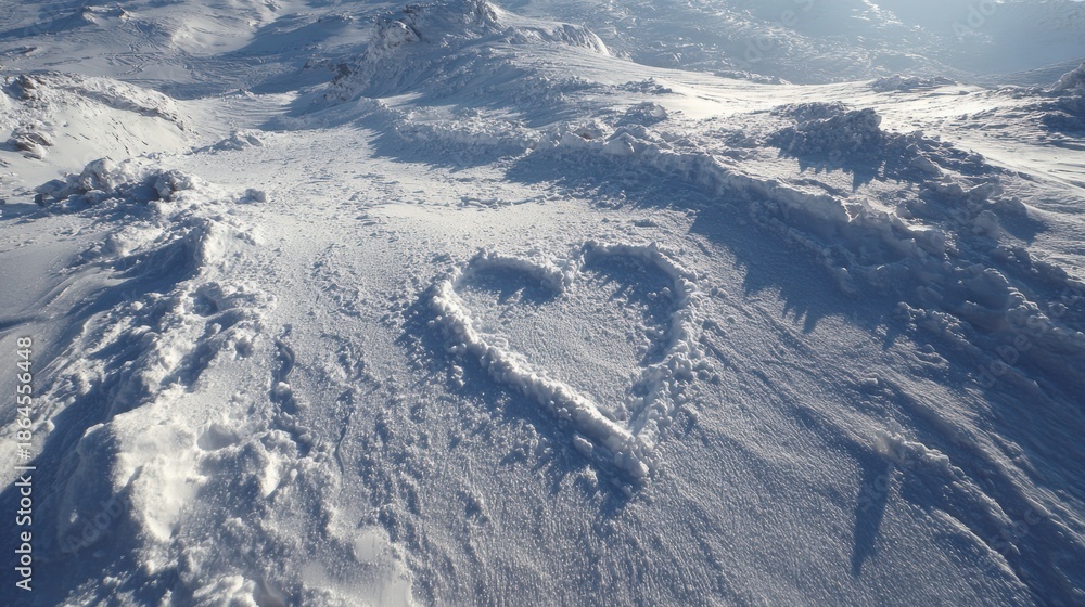Fototapeta premium Heart shape in the snow in a snowdrift under sunlight close-up,love style,valentine,romantic time,honeymoon ski,snow,glittering,sparkling in the winter sun,copy space.