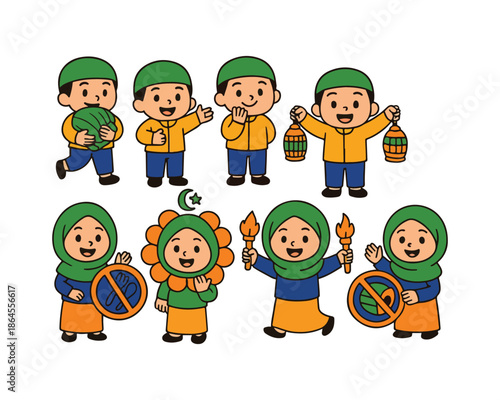 Funny cartoon vector illustration set of a group of happy children and smiling babies playing with a lot of Christmas gifts and presents