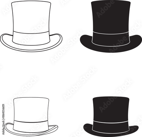 Four top hats in silhouette and line art style