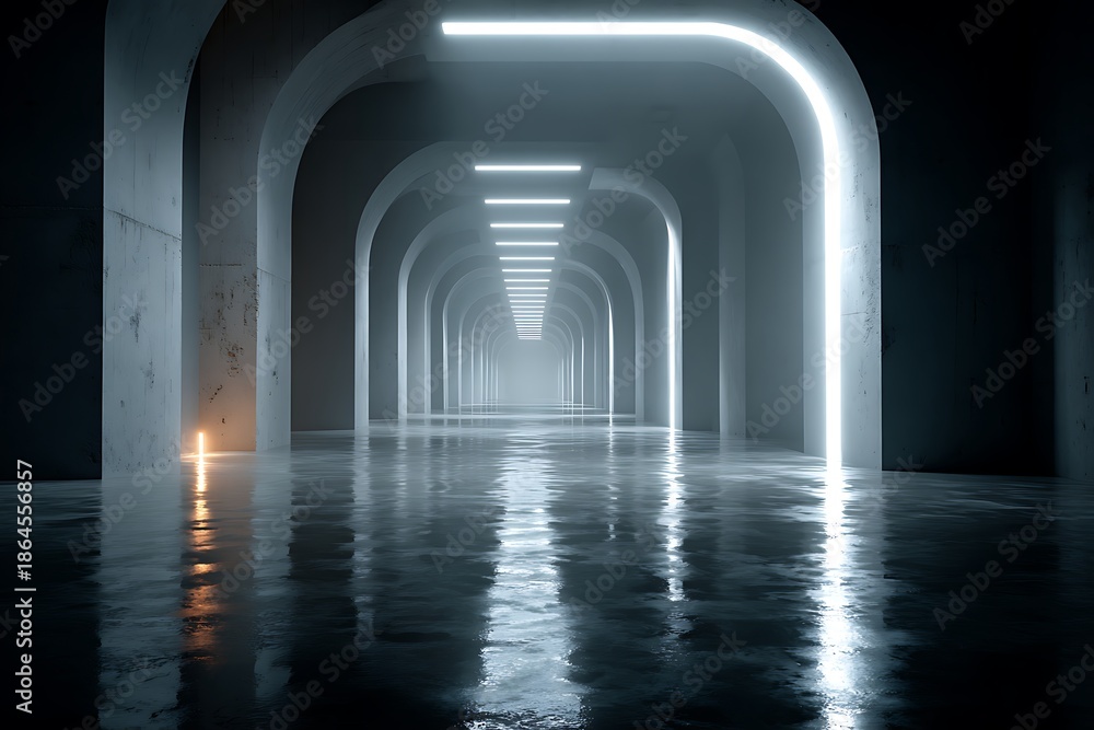 Fototapeta premium A futuristic corridor with repeating arches and glowing linear lights