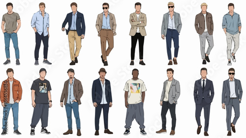 Diverse mens fashion styles showcased in a group of full-body illustrations.