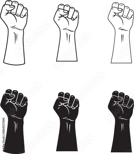 Six raised fists in black and white illustrations in silhouette and line art style