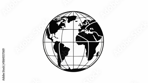 Monochrome Globe Illustration with Visible Continents and Grid Lines.
