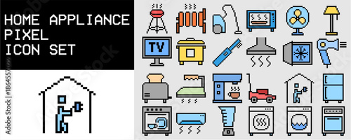 Set of home appliance pixel icon vector for retro game interiors. Ideal for illustrating household electronics, kitchen tools, laundry machines, and 8-bit daily living items.