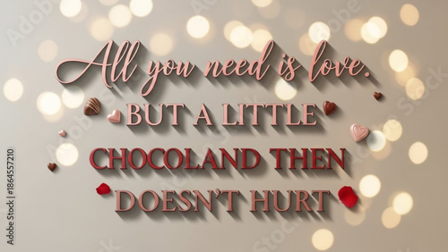 Valentine's day quote with chocolate and hearts on beige background with bokeh lights, love and chocolate concept with valentine s day and romance