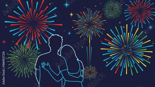Couple watching colorful fireworks display on a romantic summer night with celebration and love and holiday and new and year and 4th and of and july