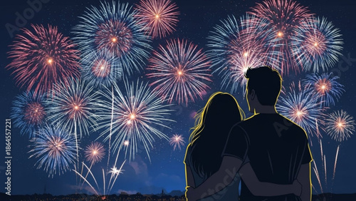 Silhouette of a romantic couple watching colorful fireworks display on a clear night sky with vibrant purple, pink and white explosions of light